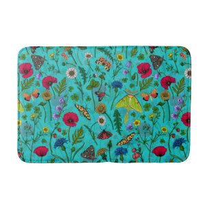 Tapis De Bain Fleurs sauvages et papillons de nuit sur turquoise