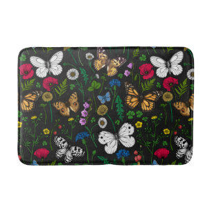 Tapis De Bain Fleurs sauvages et papillons sur le noir