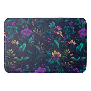 Tapis De Bain Fleurs violettes et Feuilles Turquoises