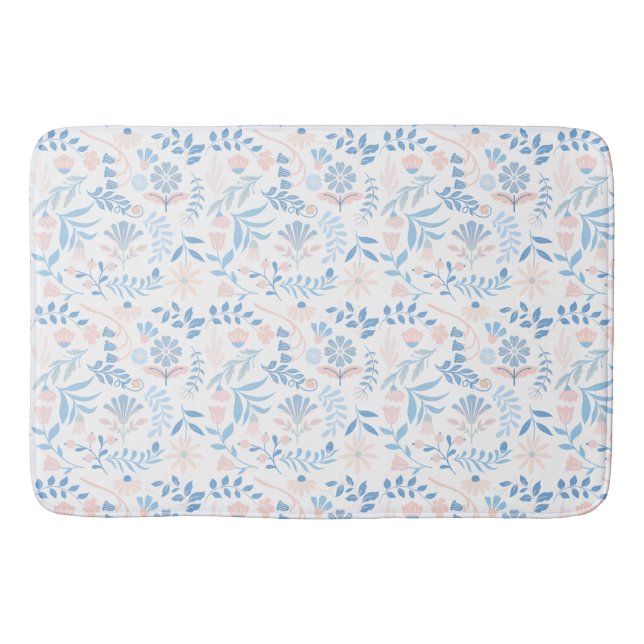Tapis De Bain Floral design boho block print blue pink girly (Devant)