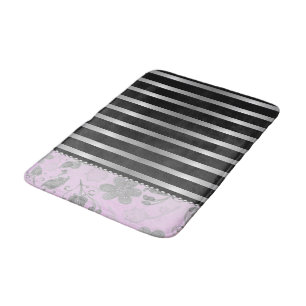 Tapis De Bain Flore d'argent chic sur les rayures rose et argent