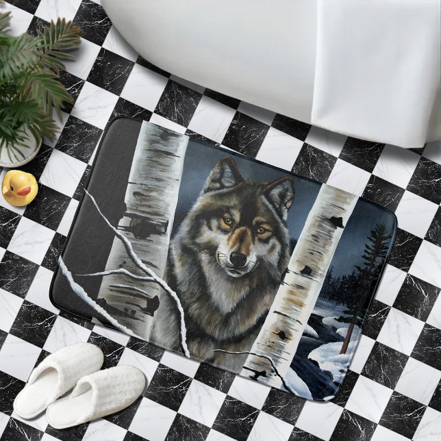 Tapis De Bain Forêt mystique de bouleaux alpha loup en hiver (Créateur téléchargé)