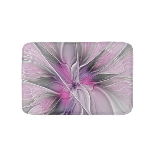 Tapis De Bain Fractal Floral Moderne Abstrait Fleur Rose Gris