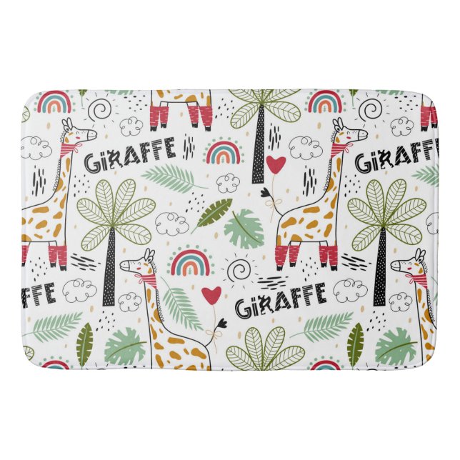 Tapis De Bain Giraffe Safari thème Palm Tree, Arc en ciel, doodl (Devant)