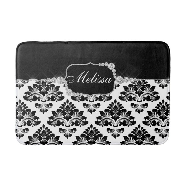 Tapis De Bain Glam Elegant noir blanc Damas Diamants Bain Mat (Devant)