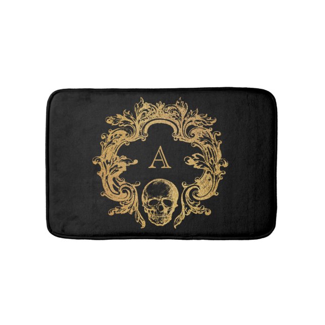 Tapis De Bain Glam gothique | Mat | Monogramme de crâne doré (Devant)