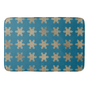 Tapis De Bain Glittery Gold Snowflake Motif Rustique Ocean Blue