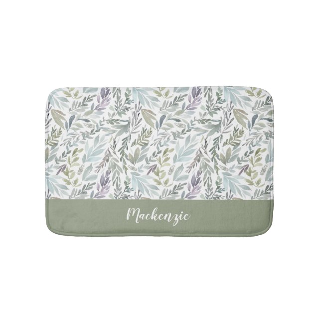 Tapis De Bain Green Blue Botanical Watercolor Monogram Name (Devant)
