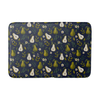 Tapis De Bain Green Pear Watercolor Pattern on Dark Blue 