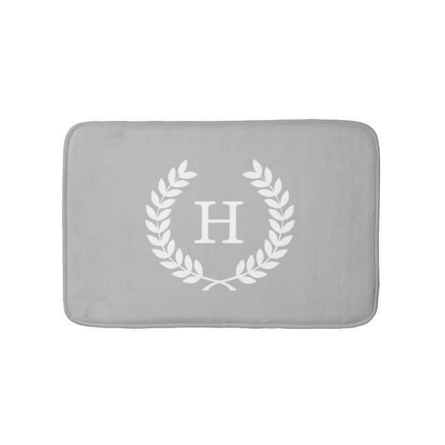 Tapis De Bain Gris Blanc Blé Laurel Wreath Initial Monogramme (Devant)