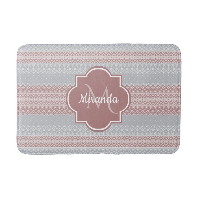 Tapis De Bain Gris chic et rose cinglé rayures et monogramme (Devant)