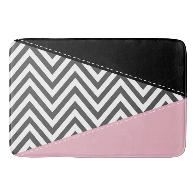 Tapis De Bain Gris Zigzag, Gris Chevron, Motif Zigzag, Rose (Devant)
