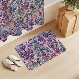 Tapis De Bain Grunge Damassé Rose Violet Chartreuse Turquoise