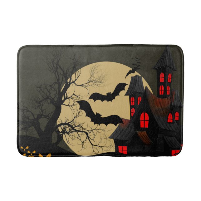 Tapis De Bain Halloween Rouge noir Haunted Maison Pleine lune ch (Devant)