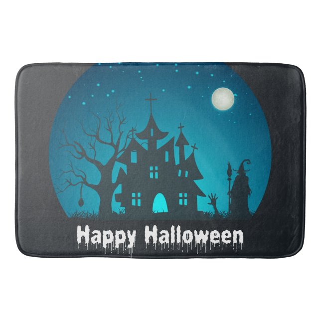 Tapis De Bain Happy Halloween Maison hantée bleue et noire (Devant)