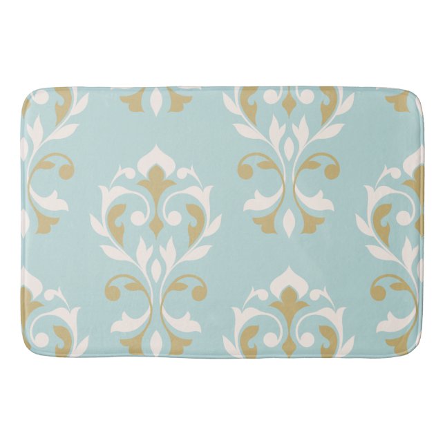 Tapis De Bain Heart Damask Art I Cream & Gold on Blue (Devant)