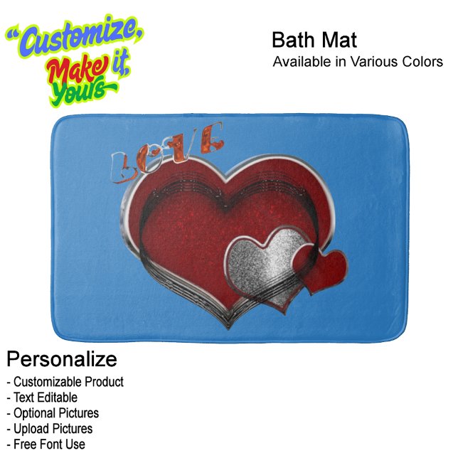 Tapis De Bain Heart Magic Blue Large Bath Mat (Heart Magic Love Bath Mat Featuring a Blue Background.)