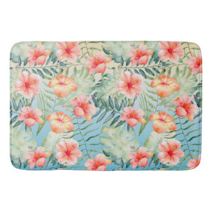 Tapis De Bain  Hibiscus floral jaune Aqua Pink Peach 