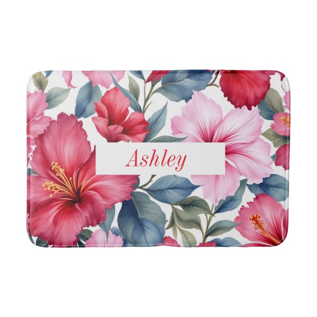 Tapis De Bain Hibiscus rose rouge Fleurs tropicales (Devant)