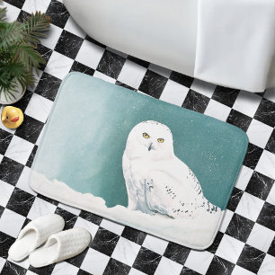 Tapis De Bain Hibou blanc ciel arctique hiver neige sarcelle