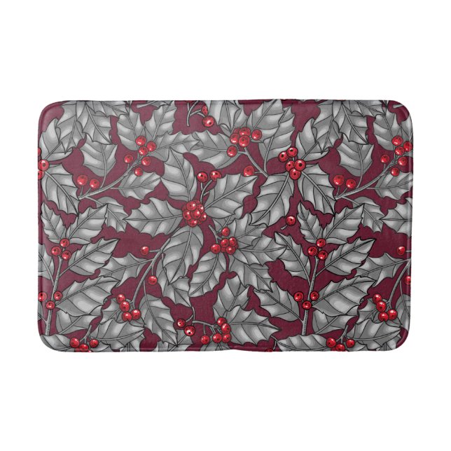 Tapis De Bain Holly berry, gray leaves on dark red (Devant)