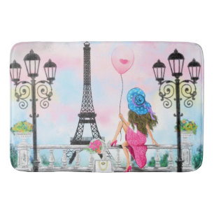Tapis De Bain I Love Paris Bath Mat - Femme avec ballon rose 