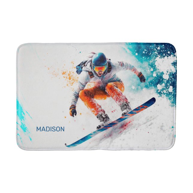 Tapis De Bain Illustration de snowboarder de nom personnalisé (Devant)