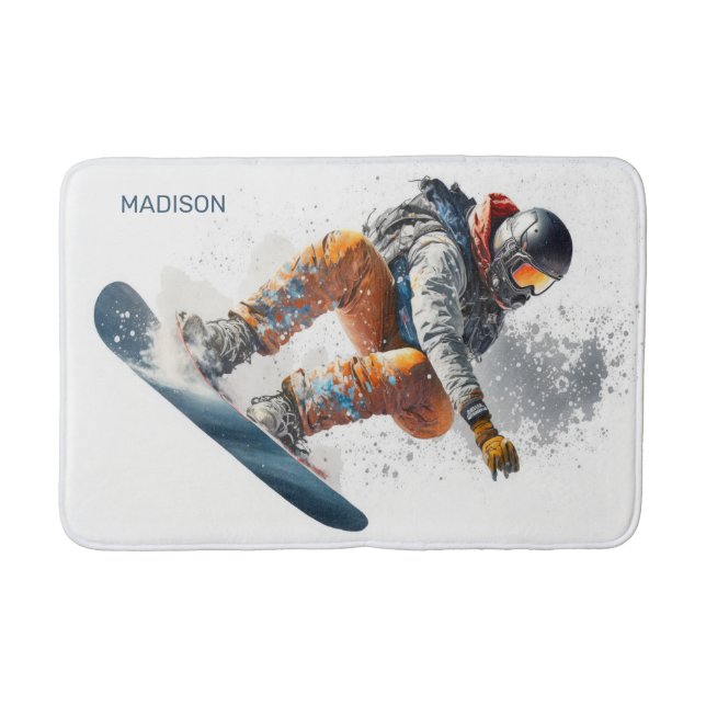 Tapis De Bain Illustration de snowboarder de nom personnalisé (Devant)
