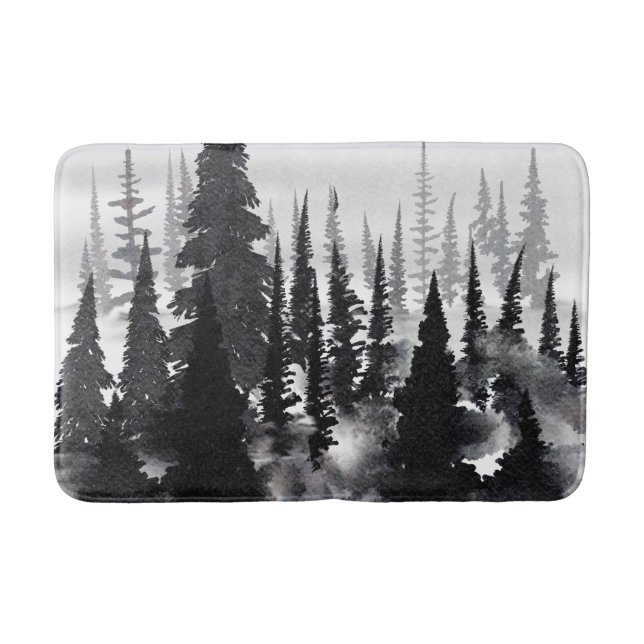 Tapis De Bain Imprimer l'aquarelle de la forêt de pin monochrome (Devant)