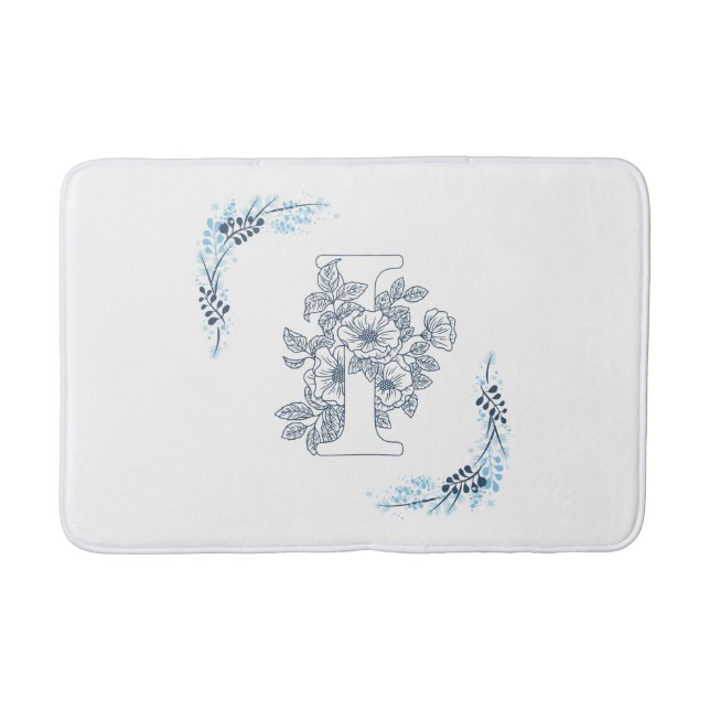 Tapis De Bain Initiale "I" Monogramme Bleu Calme Floral (Devant)