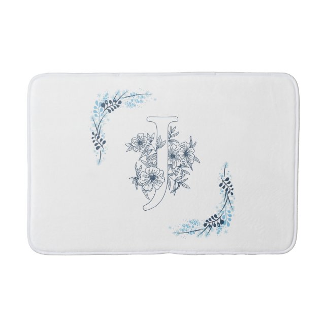 Tapis De Bain Initiale "J" Monogramme bleu Calme Floral (Devant)