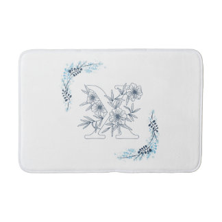 Tapis De Bain Initiale "X" Monogramme Bleu Calme Floral