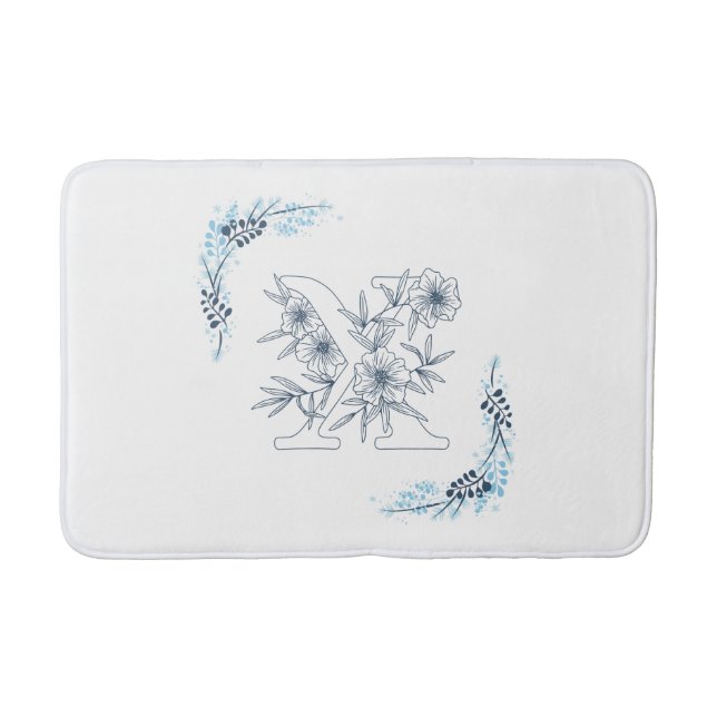 Tapis De Bain Initiale "X" Monogramme Bleu Calme Floral (Devant)