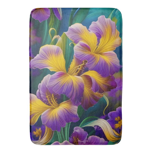 Tapis De Bain Iris Floral Violet et bleu or feuilles (devant Vertical)