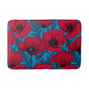 Tapis De Bain Jardin de pavot rouge sur bleu