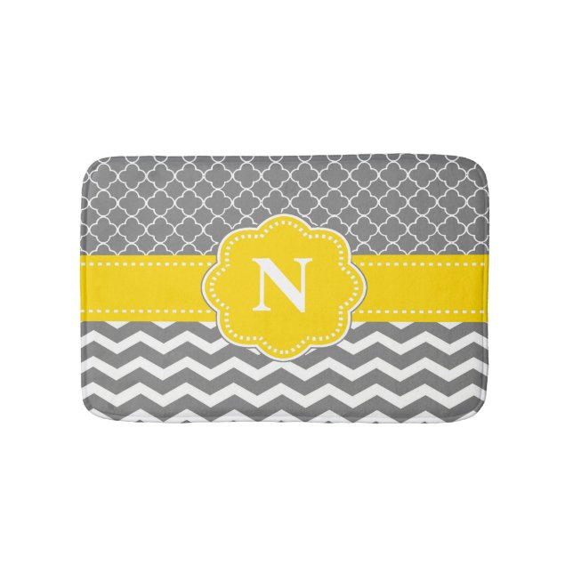 Tapis de bain jaune gris de monogramme de Chevron (Devant)