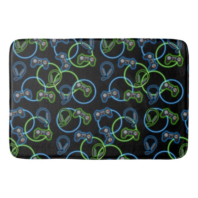 Tapis De Bain Jeu vidéo Neon Blue & Green Motif (Devant)