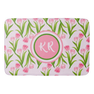 Tapis De Bain Joli Tulipe rose Fleurs Florales Feuille Monogramm