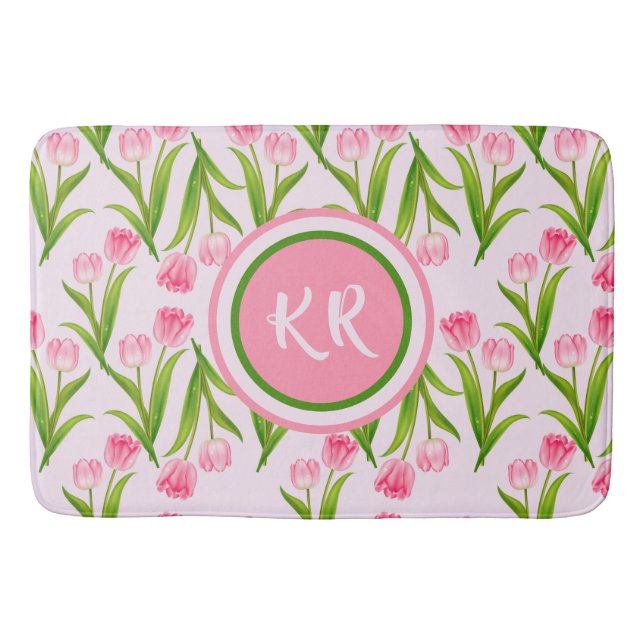Tapis De Bain Joli Tulipe rose Fleurs Florales Feuille Monogramm (Devant)