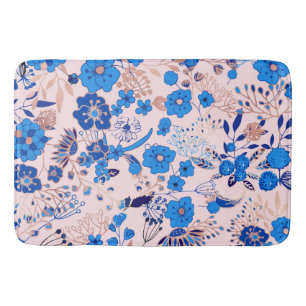 Tapis De Bain Jolie illustration florale bleu azur rose