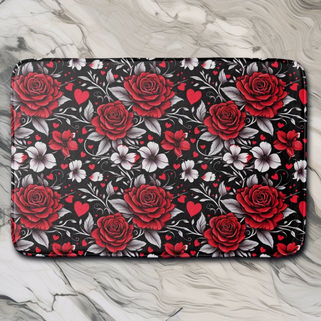 Tapis De Bain Jolie, Rouge, Roses noires et blanches, Coeurs (Créateur téléchargé)