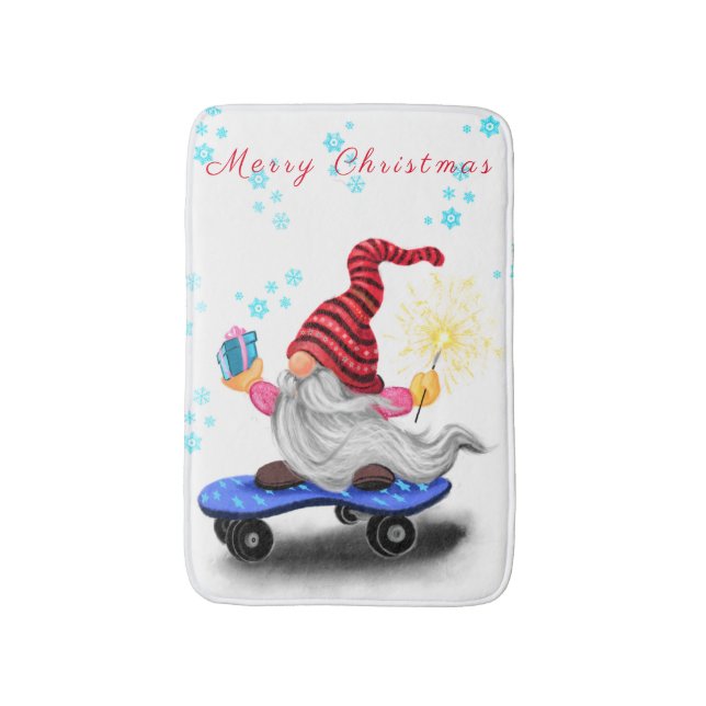 Tapis De Bain Joyeux Gnome de patinage avec cadeau de Noël Bath  (Devant (Vertical))