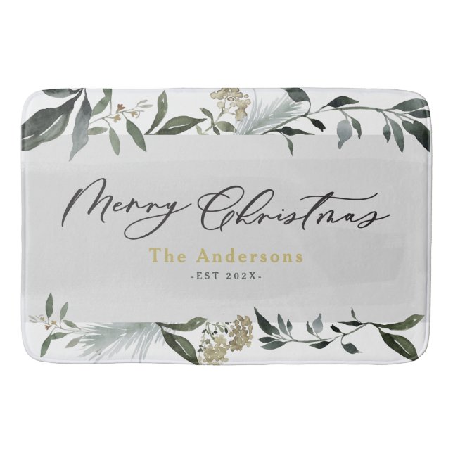 Tapis De Bain Joyeux Noël aquarelle feuillage Noël (Devant)