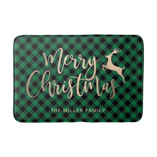 Tapis De Bain Joyeux Noël d'or Noir & Vert Plaid (Devant)