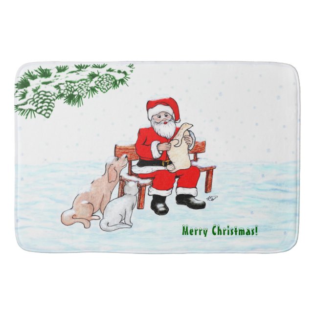 Tapis De Bain Joyeux Noël! Père Noël avec chat et chien (Devant)