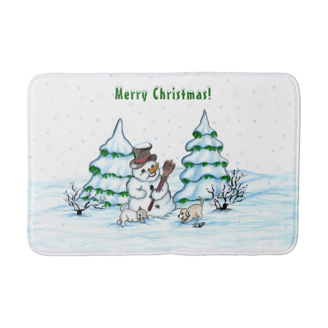 Tapis De Bain Joyeux Noël ! Snowman avec chat et chiot (Devant)