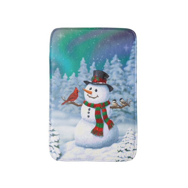 Tapis De Bain Joyeux Noël Snowman & Birds Winter Scene (Devant (Vertical))