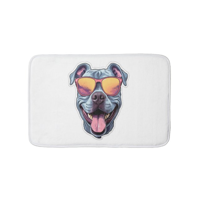 Tapis De Bain Joyeux Pitbull bleu portant des lunettes de soleil (Devant)