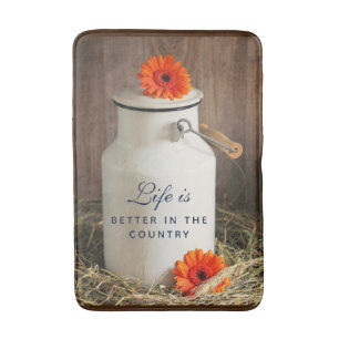 Tapis De Bain Jus de lait blanc rustique avec fleurs orange Phot