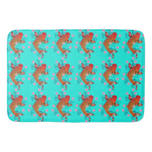 Tapis De Bain Koi poisson oriental floral orange turquoise éléga